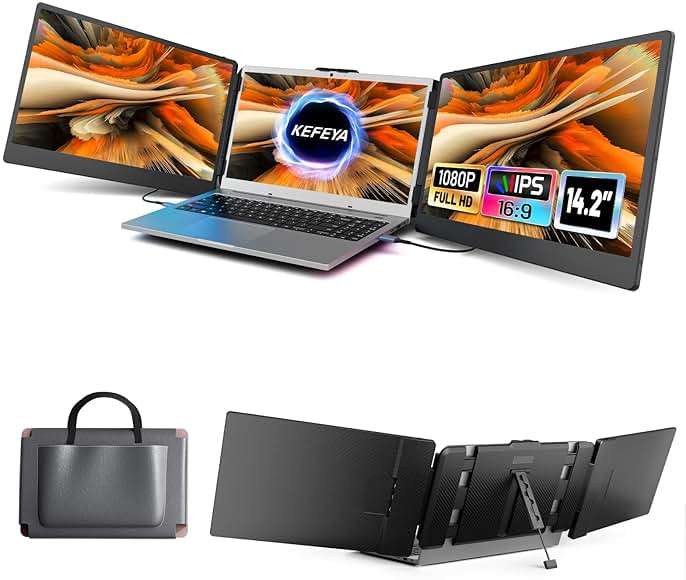 KEFEYA Laptop Screen Extender, 14.2" Portable Triple Monitor for Laptop with Full HD IPS Display, Monitor Extender Compatible with Mac, Windows, Chrome, Fits 13-17 Inch Laptops - Image 1