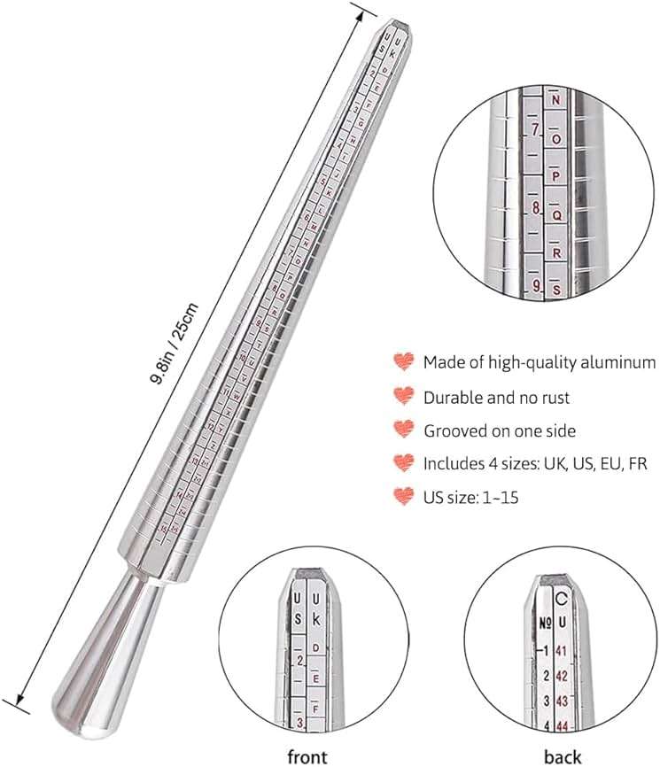 Meowoo Ring Sizer Measuring Tool Set, Ring Gauges with Finger Sizer Mandrel Ring Sizer Tools for Jewelry Sizing Measuring, 4 pcs, Silvery - Image 3