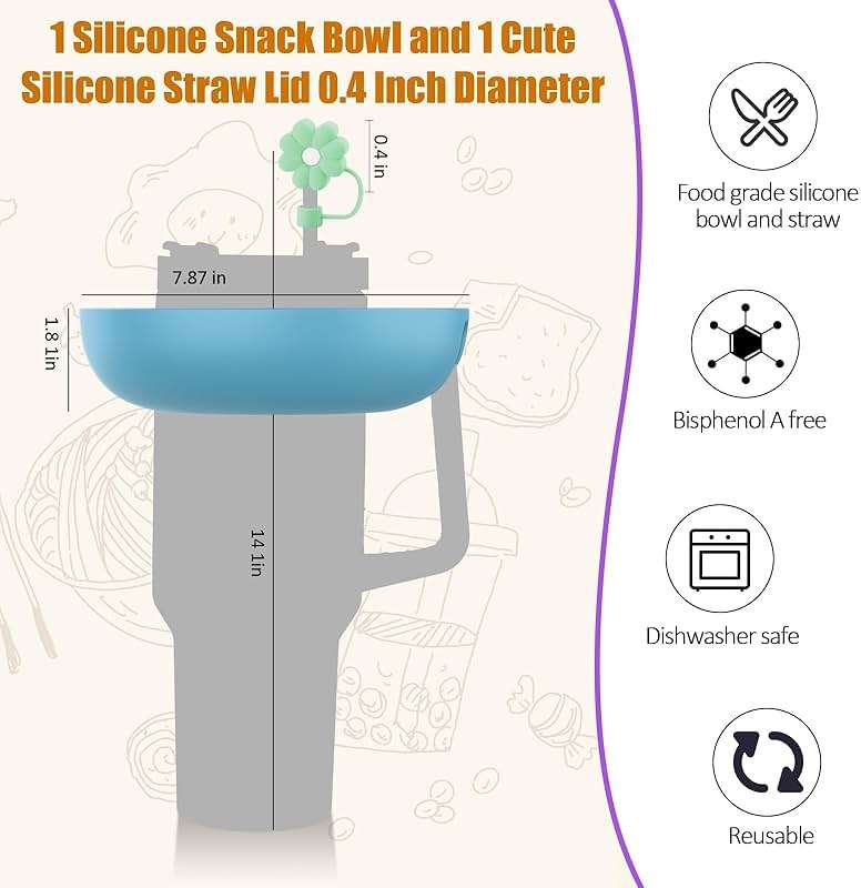 Snack Bowl for Stanley Cup 40 oz with Handle-Perfectly Compatible with Stanley Quencher H2.0 Tumbler 40 oz with Handle, Reusable Silicone Snack Tray, Stanley cup accessories (Blue Snack Bowl) - Image 3