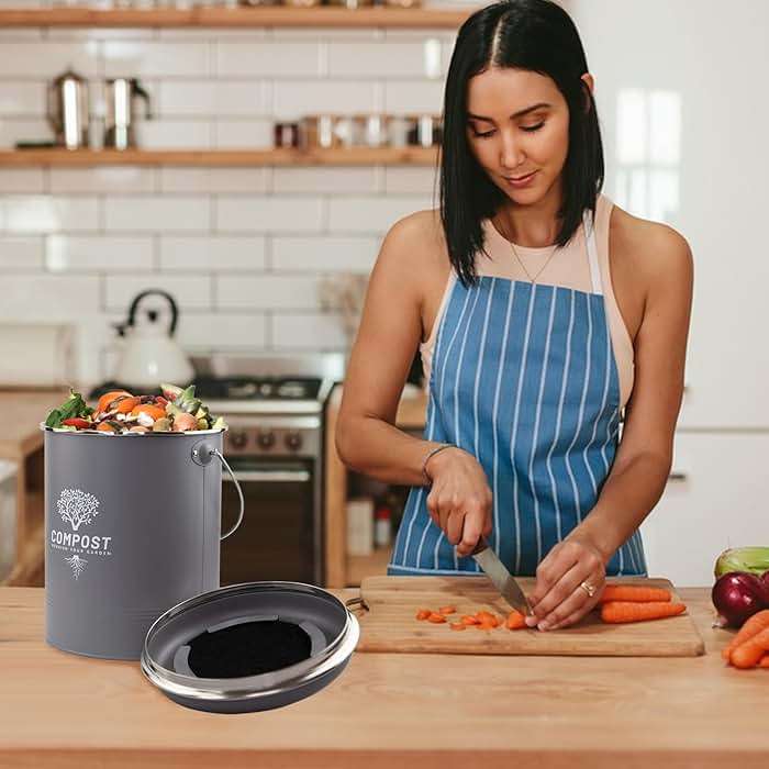 Holismo Kitchen Countertop Compost Bin, Odor Resistant Indoor Compost Bin with Lid and Charcoal Filter, Rust Resistant Coated Compost Bucket, Compost Container, Gray - Image 2