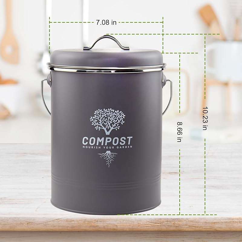 Holismo Kitchen Countertop Compost Bin, Odor Resistant Indoor Compost Bin with Lid and Charcoal Filter, Rust Resistant Coated Compost Bucket, Compost Container, Gray - Image 3