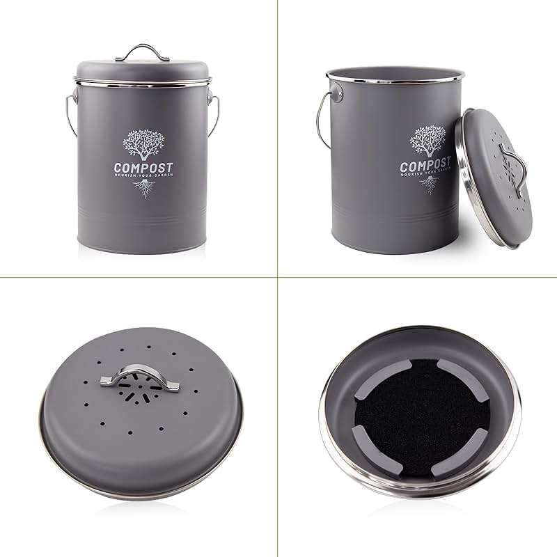 Holismo Kitchen Countertop Compost Bin, Odor Resistant Indoor Compost Bin with Lid and Charcoal Filter, Rust Resistant Coated Compost Bucket, Compost Container, Gray - Image 4