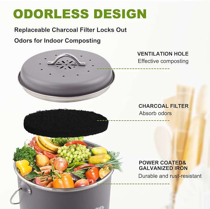 Holismo Kitchen Countertop Compost Bin, Odor Resistant Indoor Compost Bin with Lid and Charcoal Filter, Rust Resistant Coated Compost Bucket, Compost Container, Gray - Image 5