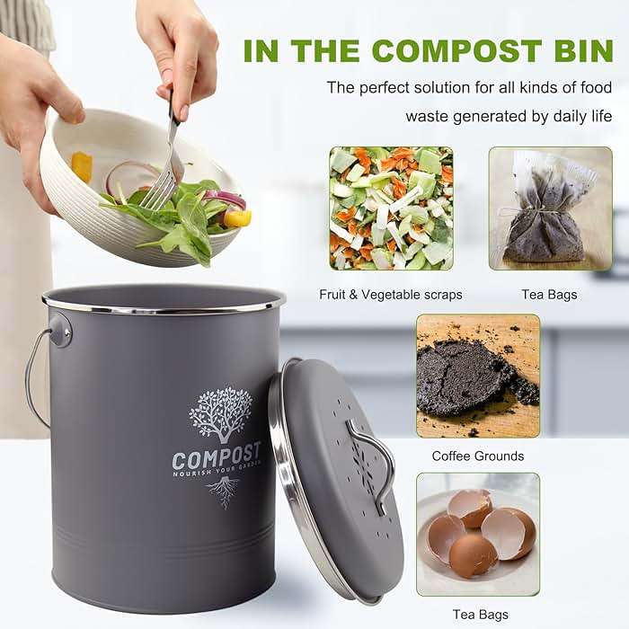 Holismo Kitchen Countertop Compost Bin, Odor Resistant Indoor Compost Bin with Lid and Charcoal Filter, Rust Resistant Coated Compost Bucket, Compost Container, Gray - Image 6