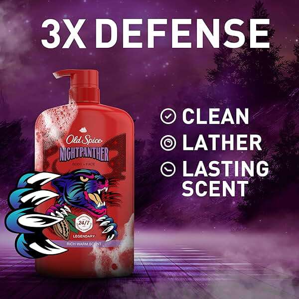 Old Spice Cleansing Body Wash for Men, 3X Defense, 24/7 Shower Fresh with Lasting Scent, 2 in 1 Body and Face Wash, Daily Men’s Wash and Shower Gel, NightPanther Rich Warm Masculine Scent, 33.4 oz - Image 2