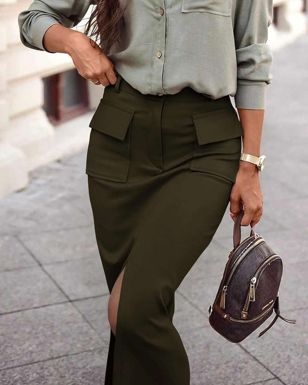KIRUNDO Midi Skirts for Women Summer Fall High Waisted Cargo Trendy Pencil Slit Dressy Casual Business Work Long Skirt - Image 6