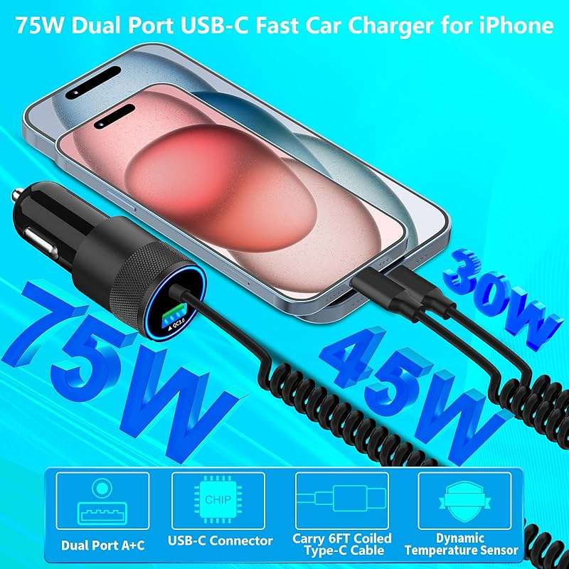 【MFi Certified】iPhone 17 Car Charger Fast Charging, Braveridge 75W USB C PD&QC Car Power Cigarette Lighter USB Charger with 6FT Type C Coiled Cable for iPhone 17/17 Pro Max/16/15/Galaxy S26/S25/Pixel - Image 6