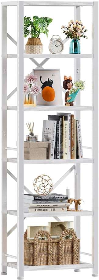 Furologee White Tall Bookshelf, Narrow Bookcase with 6 Shelves, Modern Freestanding Shelf Units, Metal and Wood Display Storage Corner Rack Organizer for Living Room, Home Office, Hallway, Bathroom - Image 1