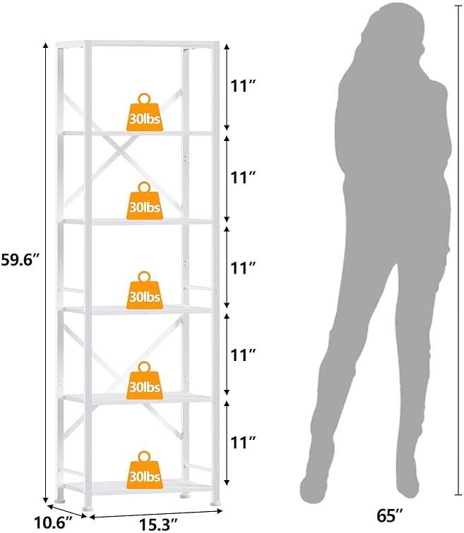 Furologee White Tall Bookshelf, Narrow Bookcase with 6 Shelves, Modern Freestanding Shelf Units, Metal and Wood Display Storage Corner Rack Organizer for Living Room, Home Office, Hallway, Bathroom - Image 3