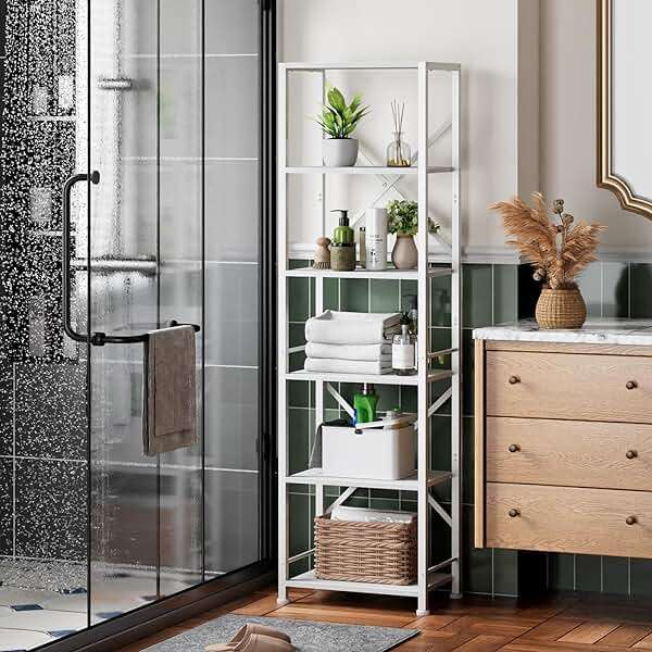 Furologee White Tall Bookshelf, Narrow Bookcase with 6 Shelves, Modern Freestanding Shelf Units, Metal and Wood Display Storage Corner Rack Organizer for Living Room, Home Office, Hallway, Bathroom - Image 8