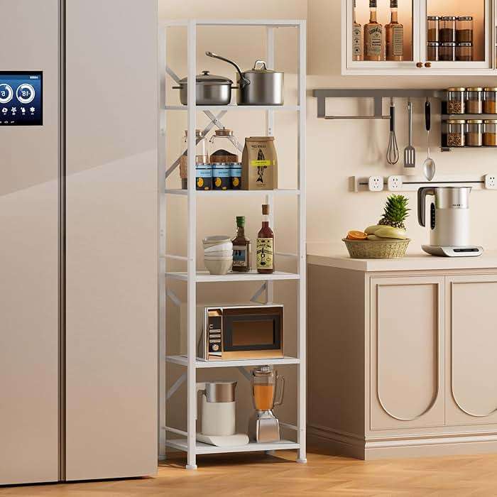 Furologee White Tall Bookshelf, Narrow Bookcase with 6 Shelves, Modern Freestanding Shelf Units, Metal and Wood Display Storage Corner Rack Organizer for Living Room, Home Office, Hallway, Bathroom - Image 9