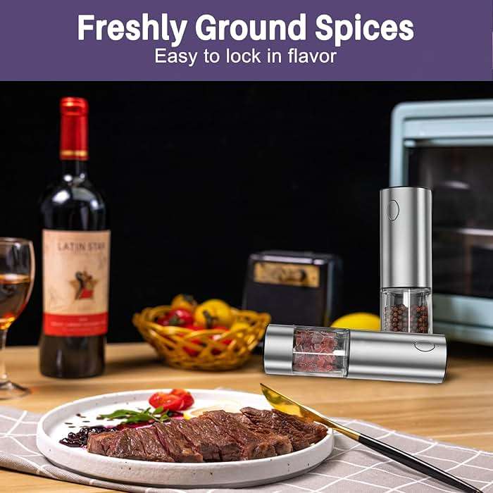 Electric Salt and Pepper Grinder Set, Automatic Pepper Mill Grinder w/Upgraded Charge Base and LED Light,Adjustable Coarseness,Rechargeable Black Peppercorn & Sea Salt Spice Mill Set - Image 2