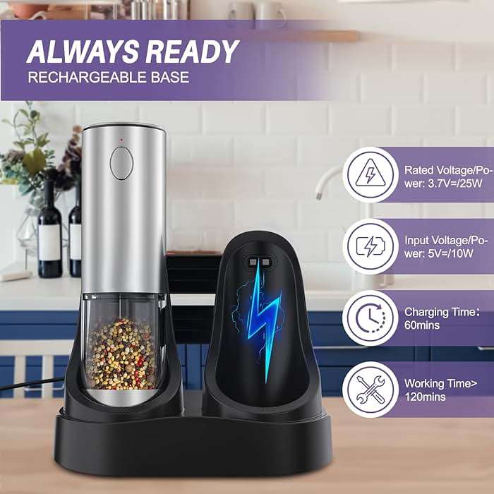Electric Salt and Pepper Grinder Set, Automatic Pepper Mill Grinder w/Upgraded Charge Base and LED Light,Adjustable Coarseness,Rechargeable Black Peppercorn & Sea Salt Spice Mill Set - Image 3
