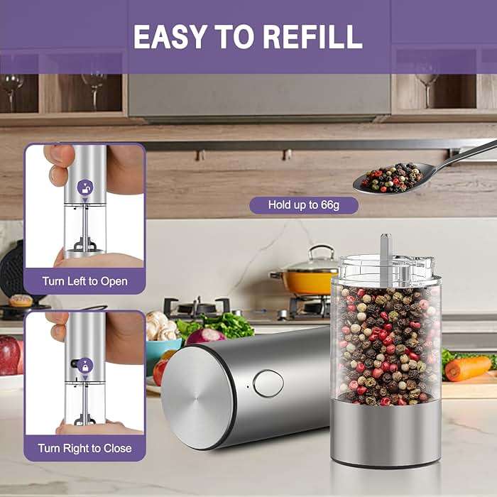 Electric Salt and Pepper Grinder Set, Automatic Pepper Mill Grinder w/Upgraded Charge Base and LED Light,Adjustable Coarseness,Rechargeable Black Peppercorn & Sea Salt Spice Mill Set - Image 4