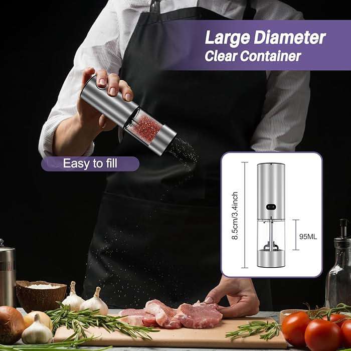 Electric Salt and Pepper Grinder Set, Automatic Pepper Mill Grinder w/Upgraded Charge Base and LED Light,Adjustable Coarseness,Rechargeable Black Peppercorn & Sea Salt Spice Mill Set - Image 6