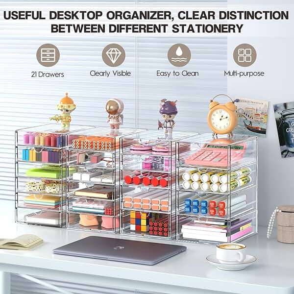AMALEKO Acrylic Drawer Organizers - 21 Drawers 4 Set - Clear Storage Drawers for Office Supplies - Stackable Makeup Organizer - Dustproof Desk Organizers for Makeup, Jewelry, Pen, Stationary - Image 3
