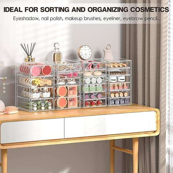 AMALEKO Acrylic Drawer Organizers - 21 Drawers 4 Set - Clear Storage Drawers for Office Supplies - Stackable Makeup Organizer - Dustproof Desk Organizers for Makeup, Jewelry, Pen, Stationary - Image 5