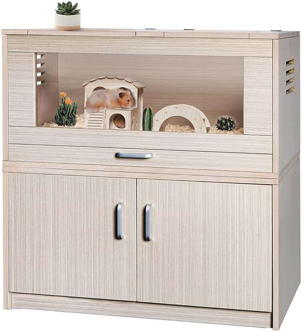 Wooden Hamster Cage Furniture with Storage Cabinet, Small Animal Cage Guinea Pig Cages with Hideout Castle and Ladders Bridge, Easy View Acrylic Panels, Large Habitat for Gerbils Mice Hedgehog Degus - Image 1