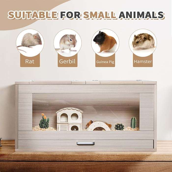 Wooden Hamster Cage Furniture with Storage Cabinet, Small Animal Cage Guinea Pig Cages with Hideout Castle and Ladders Bridge, Easy View Acrylic Panels, Large Habitat for Gerbils Mice Hedgehog Degus - Image 2