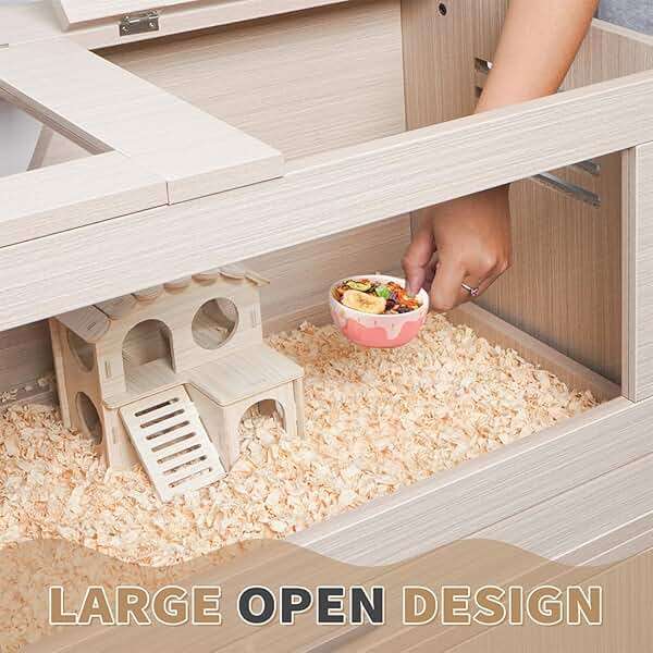 Wooden Hamster Cage Furniture with Storage Cabinet, Small Animal Cage Guinea Pig Cages with Hideout Castle and Ladders Bridge, Easy View Acrylic Panels, Large Habitat for Gerbils Mice Hedgehog Degus - Image 4