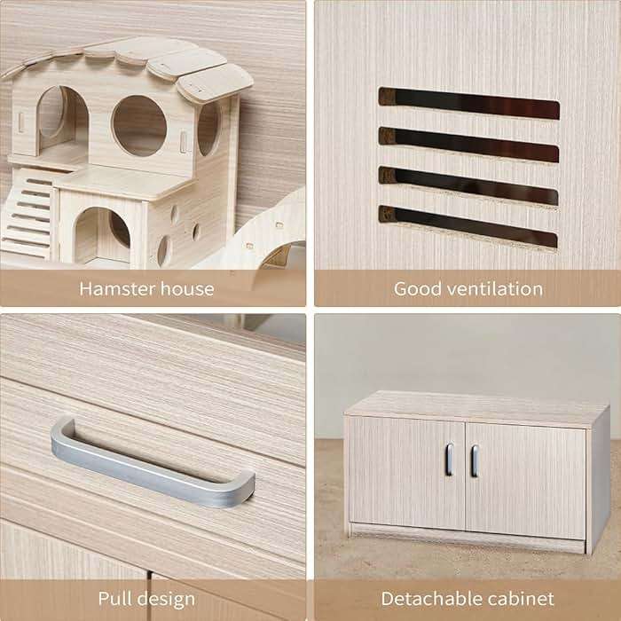 Wooden Hamster Cage Furniture with Storage Cabinet, Small Animal Cage Guinea Pig Cages with Hideout Castle and Ladders Bridge, Easy View Acrylic Panels, Large Habitat for Gerbils Mice Hedgehog Degus - Image 5