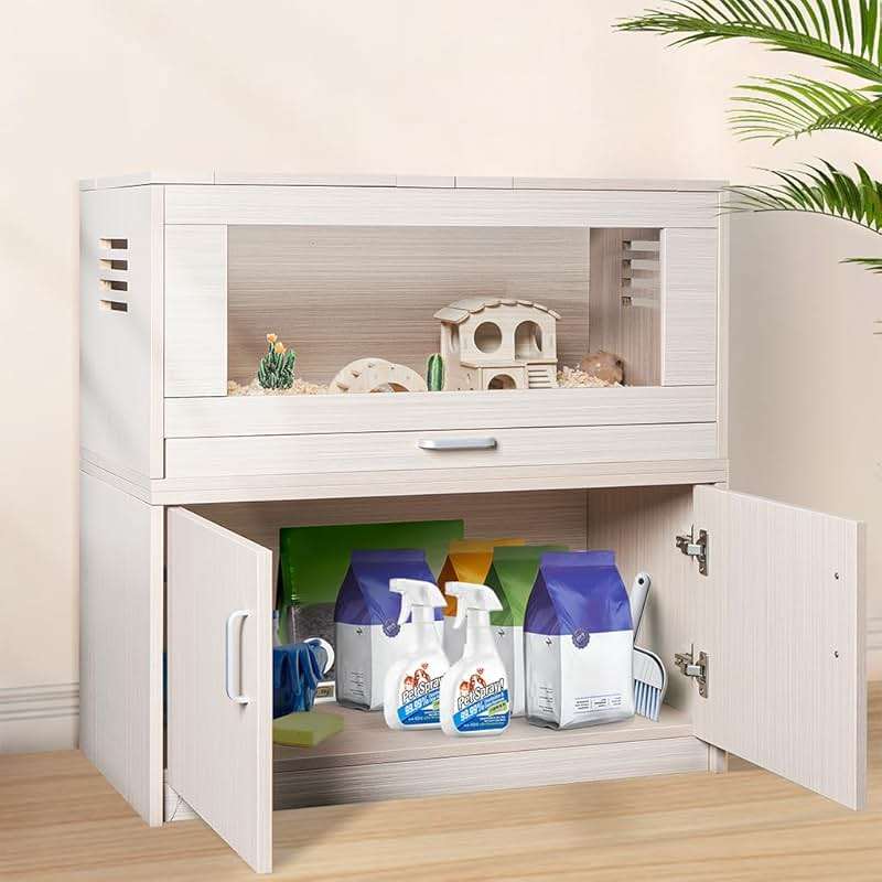 Wooden Hamster Cage Furniture with Storage Cabinet, Small Animal Cage Guinea Pig Cages with Hideout Castle and Ladders Bridge, Easy View Acrylic Panels, Large Habitat for Gerbils Mice Hedgehog Degus - Image 7