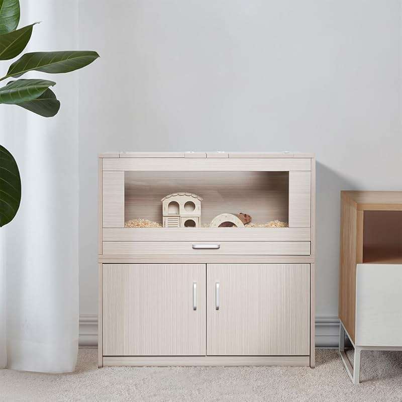 Wooden Hamster Cage Furniture with Storage Cabinet, Small Animal Cage Guinea Pig Cages with Hideout Castle and Ladders Bridge, Easy View Acrylic Panels, Large Habitat for Gerbils Mice Hedgehog Degus - Image 8