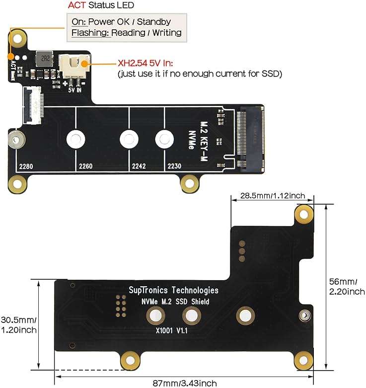 Geekworm X1001 PCIe to M.2 HAT Key-M NVMe SSD PIP PCIe Peripheral Board for Raspberry Pi 5 Support M.2 2230/2242/2260/2280 SSD - Image 2