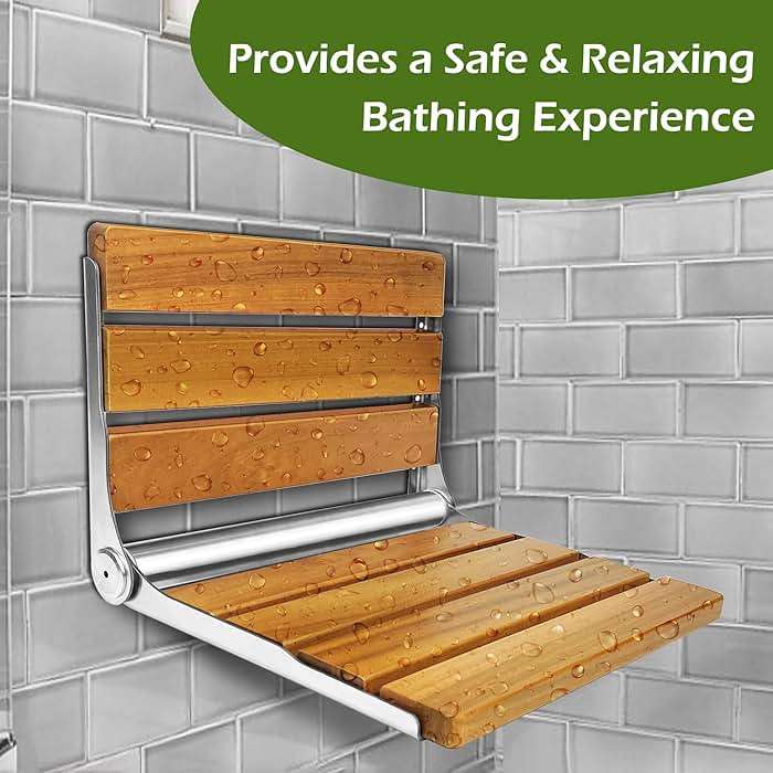 Koretech Folding Shower Seat Teak, Folding Shower Seat Wall Mounted, Foldable Shower Chair for Home Care, 450 lbs Capacity (Stainless Steel, 13'' D x 17'' W x 10'' H) - Image 4