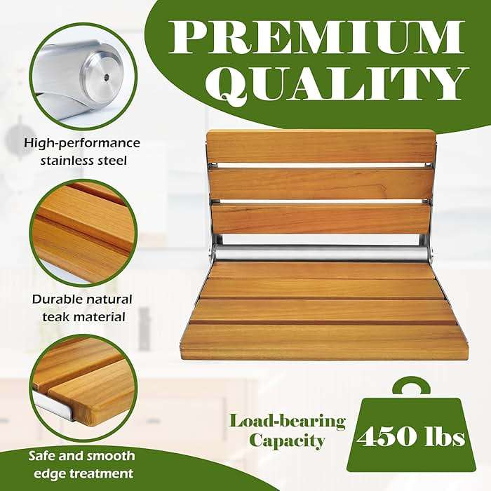 Koretech Folding Shower Seat Teak, Folding Shower Seat Wall Mounted, Foldable Shower Chair for Home Care, 450 lbs Capacity (Stainless Steel, 13'' D x 17'' W x 10'' H) - Image 6