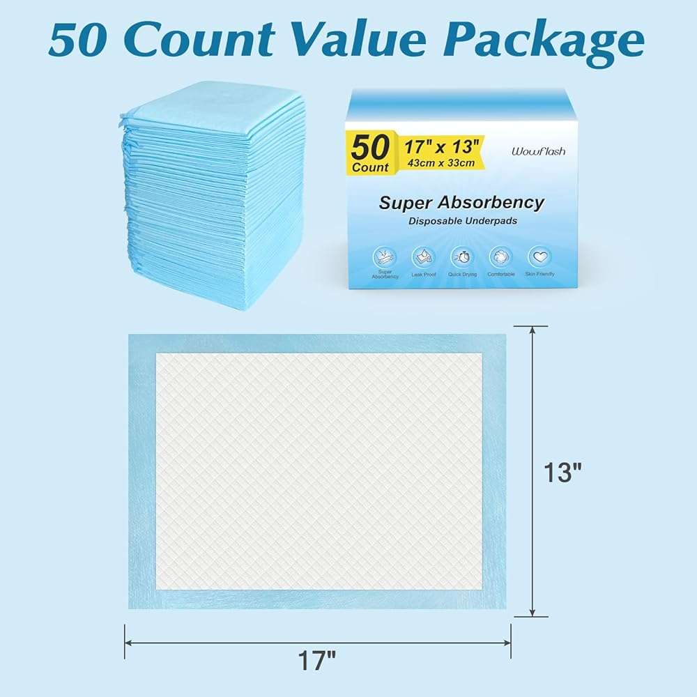 Wowflash Super Absorbency Disposable Diaper Pads for Baby, Puppy and Adults, Disposable Changing Underpads for Baby, 50 Count, 17” x 13'' - Image 2