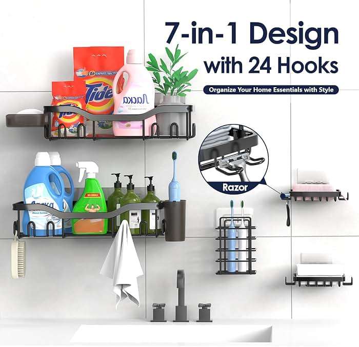 NESOMI Shower Caddy Adhesive Shower Organizer 7-Pack, Rustproof Stainless Steel Bathroom Shelves, Large Capacity No-Drill Rack Storage Accessories with Soap Dish Toothbrush Holder &24 Hooks Home Decor - Image 4