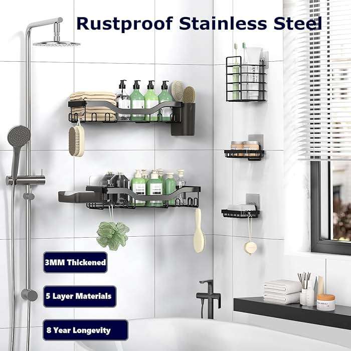 NESOMI Shower Caddy Adhesive Shower Organizer 7-Pack, Rustproof Stainless Steel Bathroom Shelves, Large Capacity No-Drill Rack Storage Accessories with Soap Dish Toothbrush Holder &24 Hooks Home Decor - Image 5