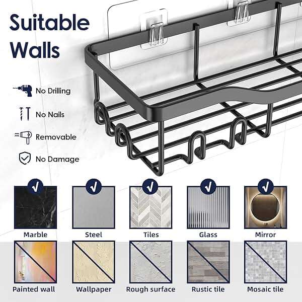 NESOMI Shower Caddy Adhesive Shower Organizer 7-Pack, Rustproof Stainless Steel Bathroom Shelves, Large Capacity No-Drill Rack Storage Accessories with Soap Dish Toothbrush Holder &24 Hooks Home Decor - Image 8