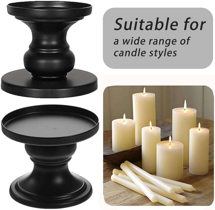 Matte Black Iron Pillar Candle Holders - Set of 2 Candlestick Holders, Metal Candle Holder for Pillar & Taper, Table Mantle Fireplace Farmhouse Home Decor - Image 4