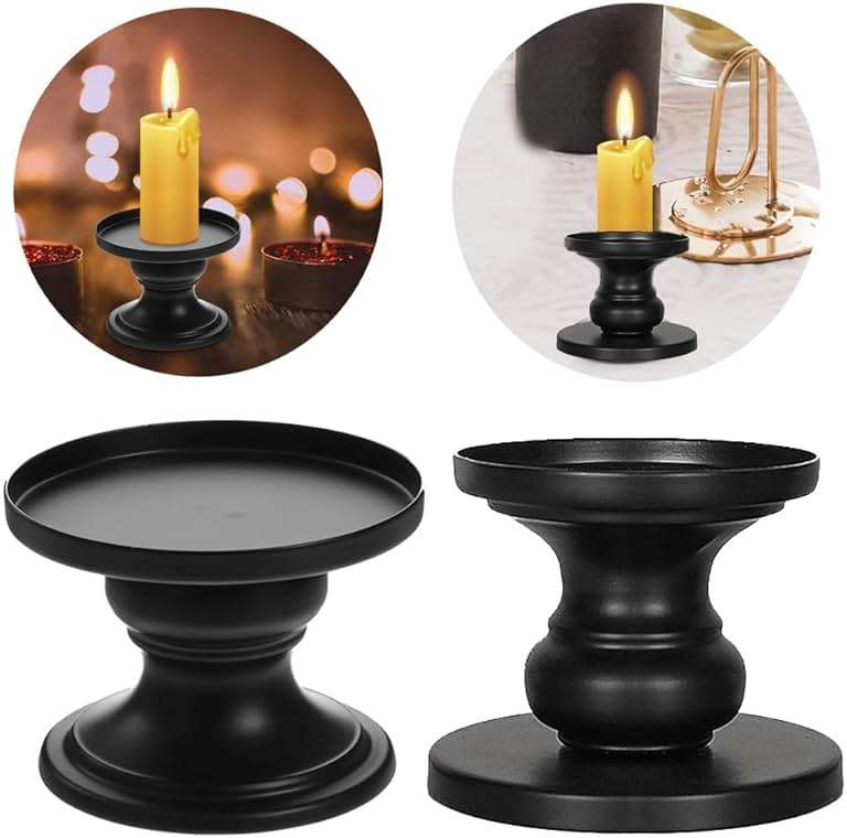 Matte Black Iron Pillar Candle Holders - Set of 2 Candlestick Holders, Metal Candle Holder for Pillar & Taper, Table Mantle Fireplace Farmhouse Home Decor - Image 5