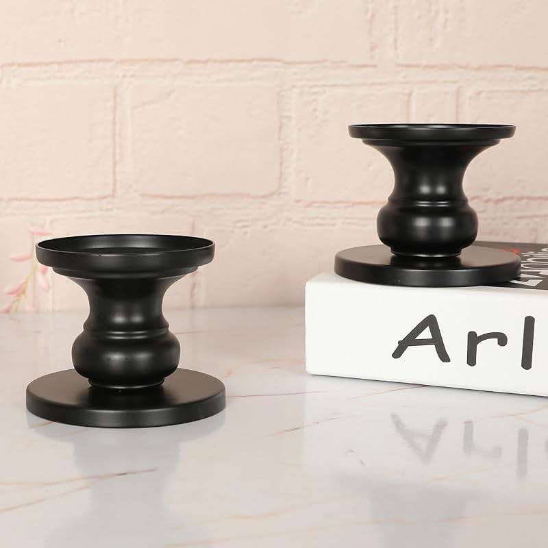 Matte Black Iron Pillar Candle Holders - Set of 2 Candlestick Holders, Metal Candle Holder for Pillar & Taper, Table Mantle Fireplace Farmhouse Home Decor - Image 6