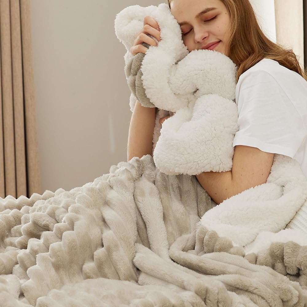 Bedsure Sherpa Throw Blanket for Couch - Super Soft, Comfort Cozy Fleece Thick Warm Blanket for Women, GentleSoft Plush & Fluffy Spring Throw Gift for Women, Room Decor, Beige, 50x60 Inches - Image 3