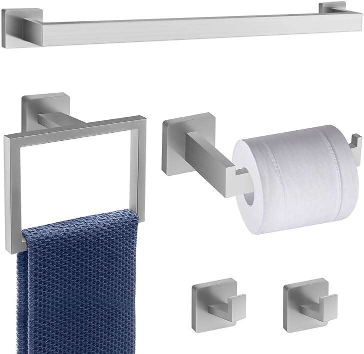 5 Piece Brushed Nickel Towel Bar Set Bathroom Hardware Set Brushed Nickel Bathroom Accessories Set with 2 Towel Hook, Stainless Steel Wall Mounted Bathroom Towel Rack Set Square 16-Inch - Image 1