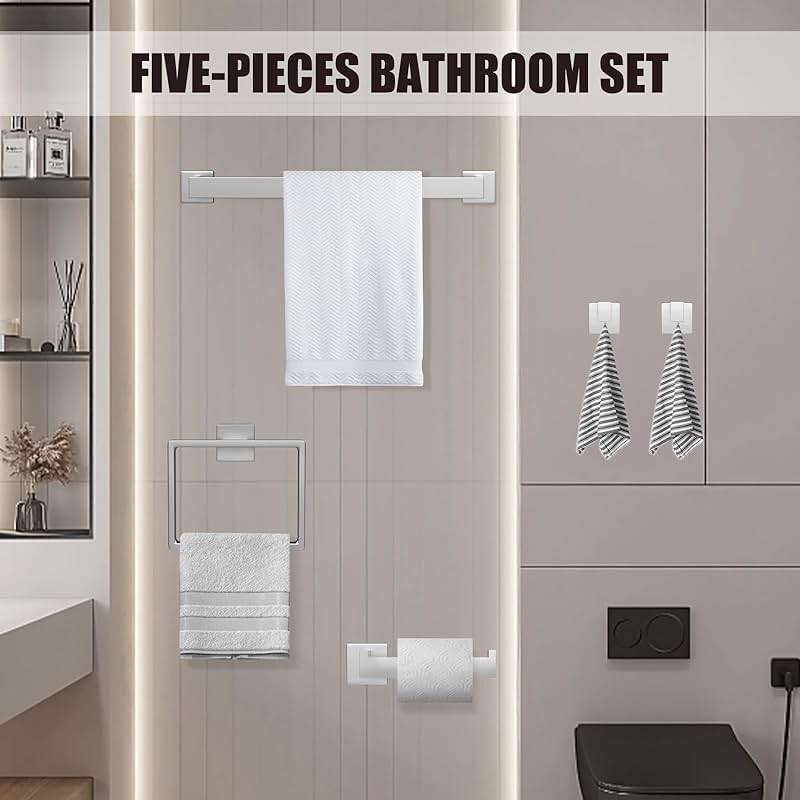 5 Piece Brushed Nickel Towel Bar Set Bathroom Hardware Set Brushed Nickel Bathroom Accessories Set with 2 Towel Hook, Stainless Steel Wall Mounted Bathroom Towel Rack Set Square 16-Inch - Image 6