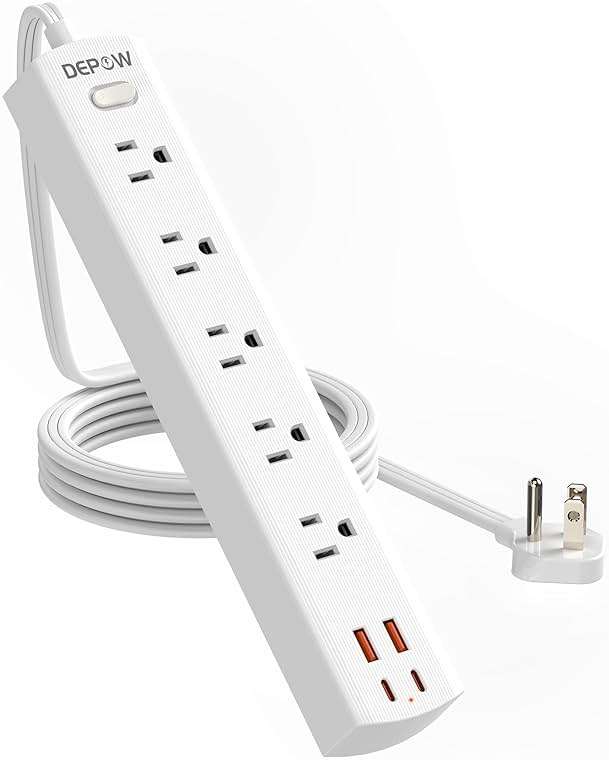 DEPOW Power Strip Surge Protector with 5 AC Outlets(1625W/13A) 4 USB Ports (2 USB C), 5 Ft Ultra Thin Extension Cord, Low Profile Flat Plug, 1700 Joules, Wall Mount for Home Office, White - Image 1