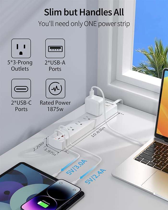 DEPOW Power Strip Surge Protector with 5 AC Outlets(1625W/13A) 4 USB Ports (2 USB C), 5 Ft Ultra Thin Extension Cord, Low Profile Flat Plug, 1700 Joules, Wall Mount for Home Office, White - Image 2