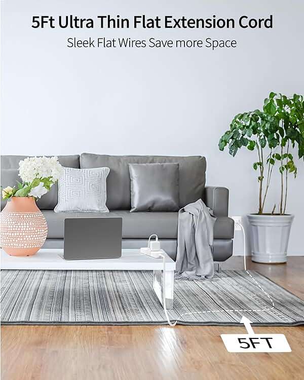 DEPOW Power Strip Surge Protector with 5 AC Outlets(1625W/13A) 4 USB Ports (2 USB C), 5 Ft Ultra Thin Extension Cord, Low Profile Flat Plug, 1700 Joules, Wall Mount for Home Office, White - Image 3