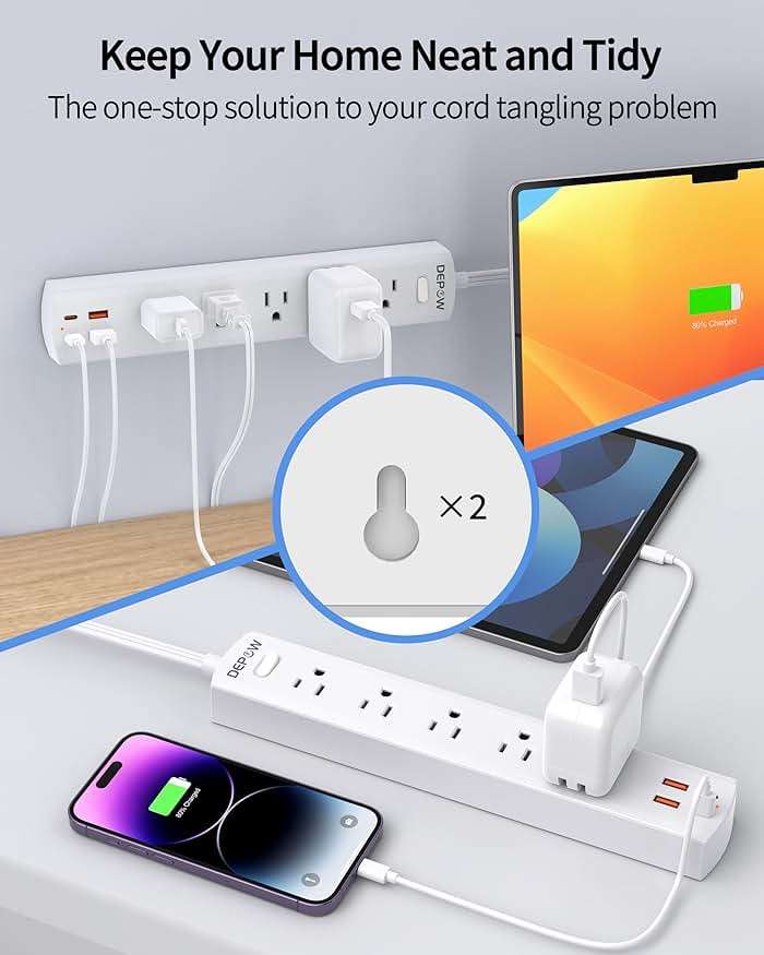 DEPOW Power Strip Surge Protector with 5 AC Outlets(1625W/13A) 4 USB Ports (2 USB C), 5 Ft Ultra Thin Extension Cord, Low Profile Flat Plug, 1700 Joules, Wall Mount for Home Office, White - Image 5