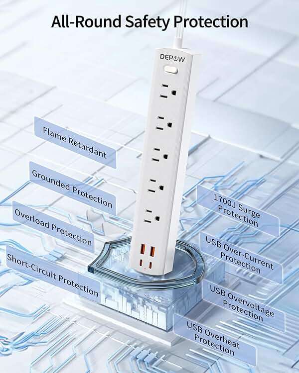 DEPOW Power Strip Surge Protector with 5 AC Outlets(1625W/13A) 4 USB Ports (2 USB C), 5 Ft Ultra Thin Extension Cord, Low Profile Flat Plug, 1700 Joules, Wall Mount for Home Office, White - Image 6