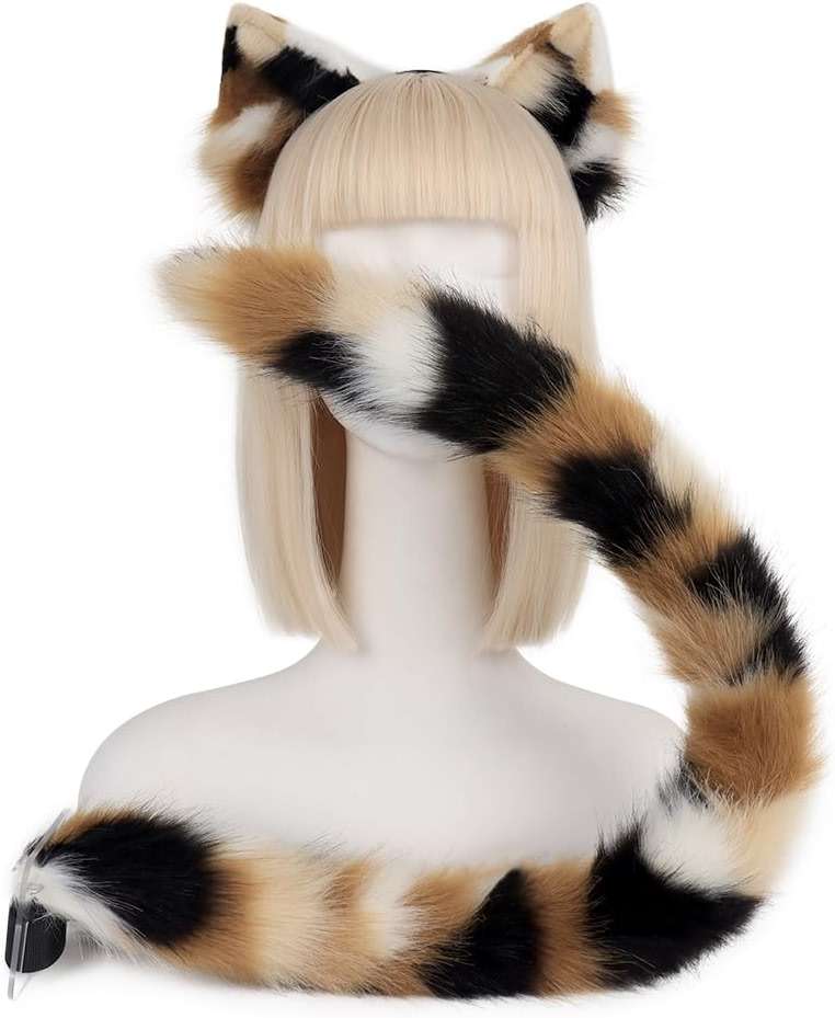 QinRuan Animal Cosplay Costume Accessories Furry Faux Fur Cat Ears Headband and Fox Tail Set Halloween Accessory - Image 1