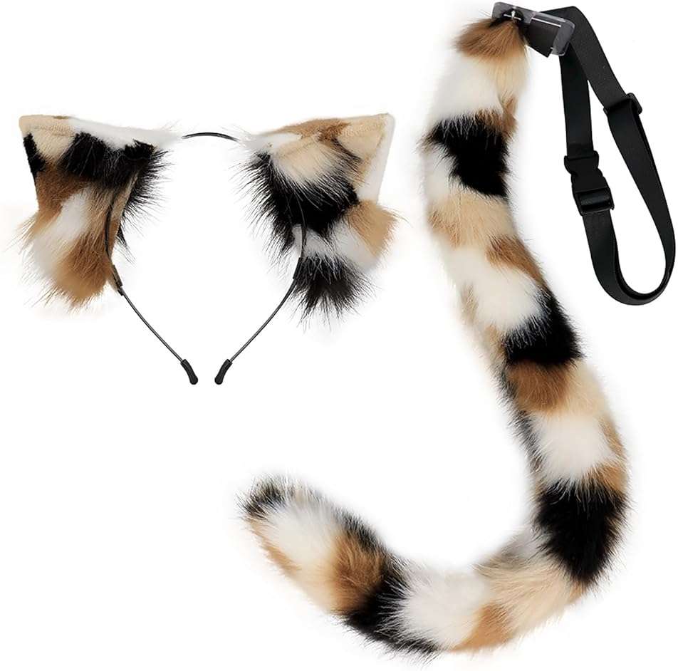 QinRuan Animal Cosplay Costume Accessories Furry Faux Fur Cat Ears Headband and Fox Tail Set Halloween Accessory - Image 2