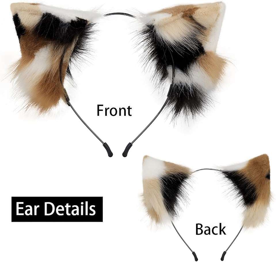 QinRuan Animal Cosplay Costume Accessories Furry Faux Fur Cat Ears Headband and Fox Tail Set Halloween Accessory - Image 3