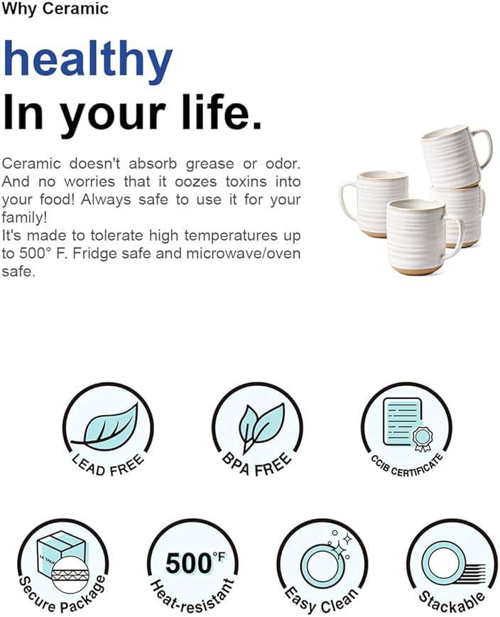 LE TAUCI Coffee Mugs 12 oz, Ceramic Coffee Cups for Latte, Hot Tea, Cappuccino, Mocha, Cocoa, Housewarming Wedding Present Mug Set - Set of 4, Arctic White - Image 9