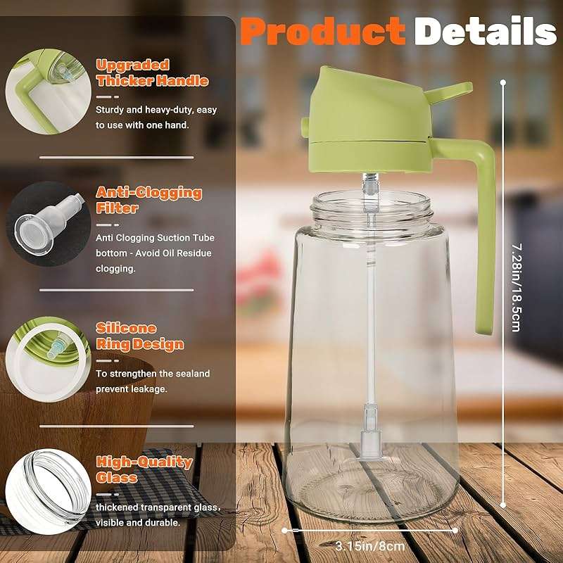 CJT 2 Pack Oil Dispenser Bottle for Kitchen, 2 in 1 Olive Oil Sprayer,16.5OZ/470ML Glass Oil Spray Bottle with Premium Nozzle for Cooking,Barbecue, Air Fryer, Salad(GREEN/WHITE) - Image 2